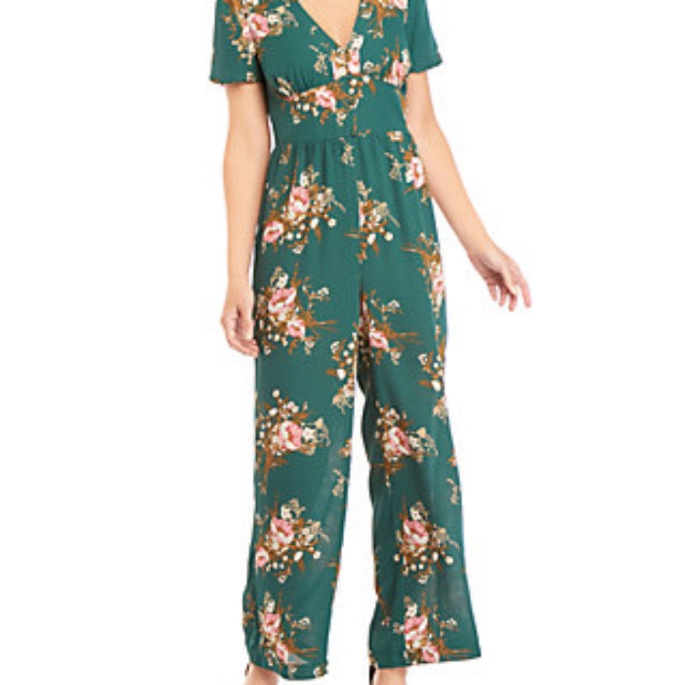 anthropologie spring green floral jumpsuit size small